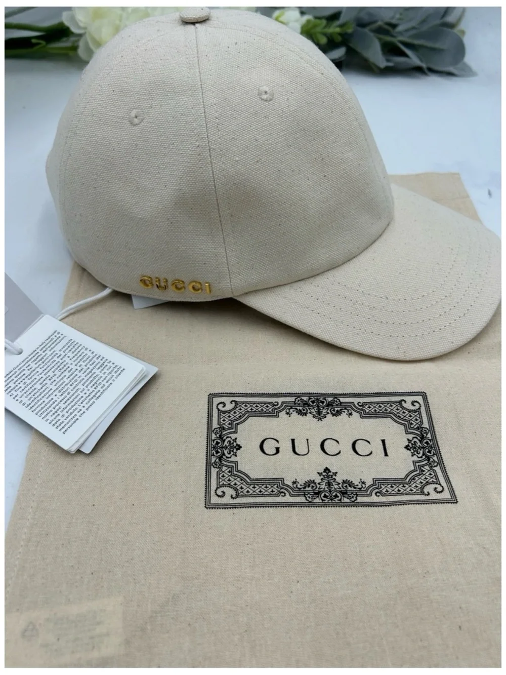 Gucci, gold logo Cream Canvas Baseball Cap size XL made in Italy